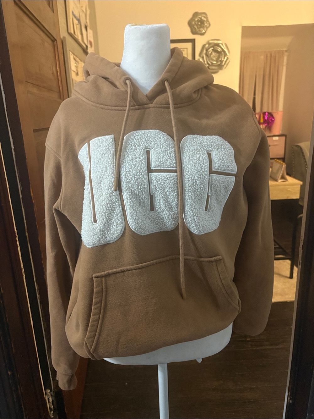 UGG Women's Tan Pullover Hoodie with Chenille Logo Size M